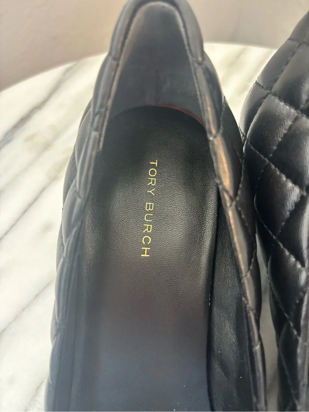 Tory Burch Quilted Black Patent Cap-Toe Block Heel Pump